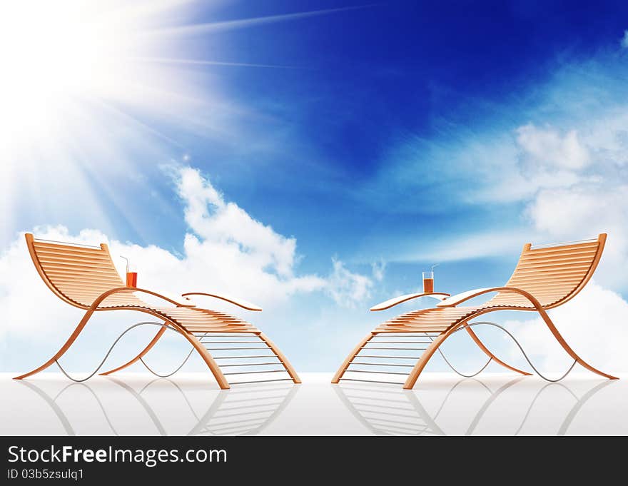 Beach bench on a background of the sky. 3d illustration