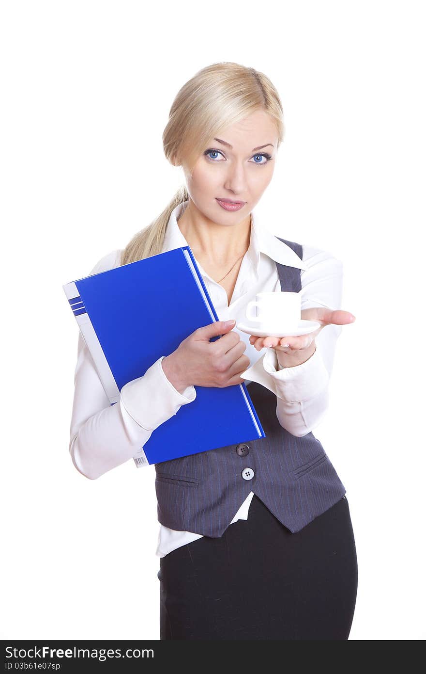 Businesswoman with coffee, isolated on white. Businesswoman with coffee, isolated on white