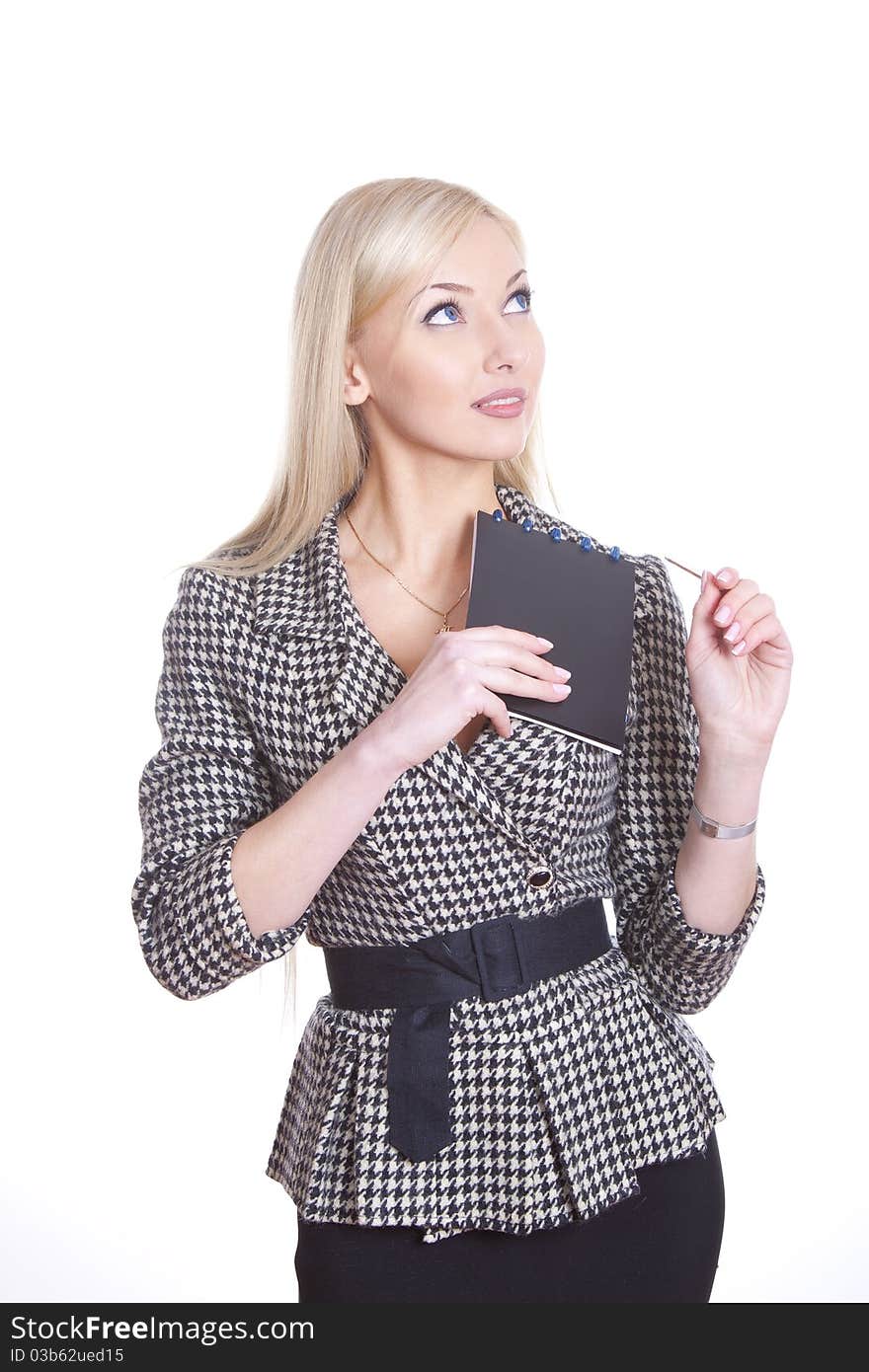 Positive woman with pencil and note smiling thinking over white background. Positive woman with pencil and note smiling thinking over white background