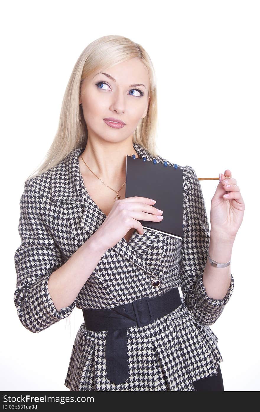 Positive woman with pencil and note smiling thinking over white background. Positive woman with pencil and note smiling thinking over white background