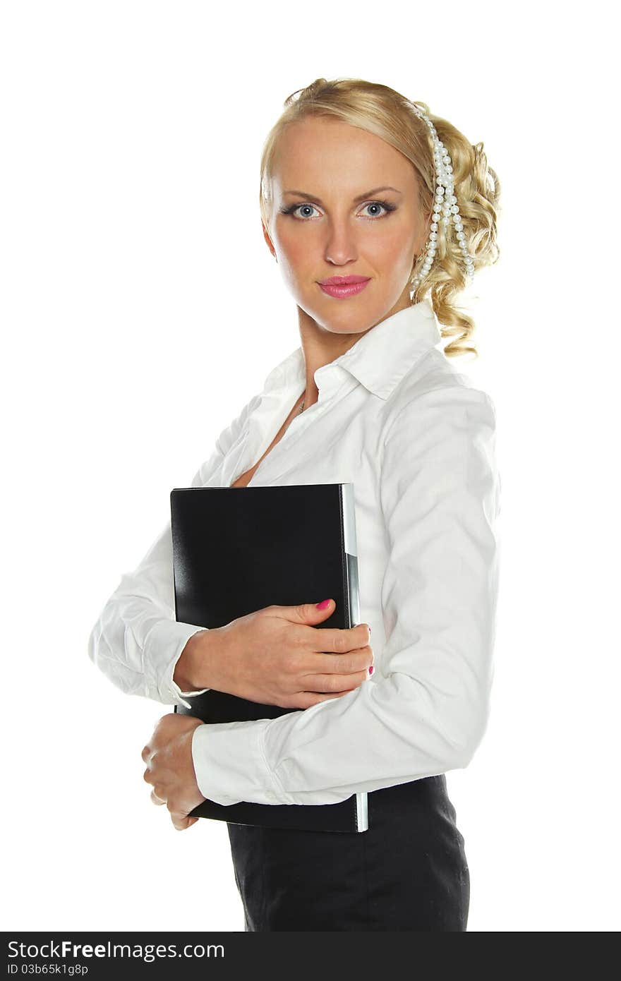 Ive young businesswoman smiling with a folder on his chest isolated on a white background. Ive young businesswoman smiling with a folder on his chest isolated on a white background