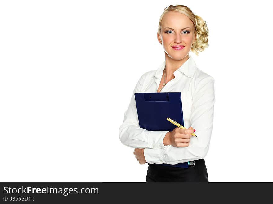 Ive young businesswoman smiling with a folder on his chest isolated on a white background. Ive young businesswoman smiling with a folder on his chest isolated on a white background