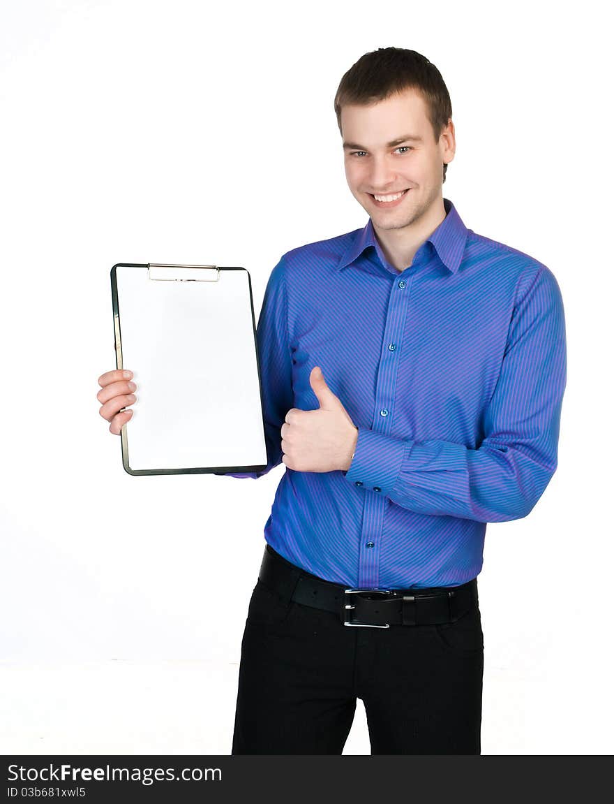 Young man in a purple shirt with a tablet for notes