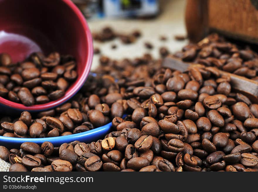 Roasted coffee beans  close up, background