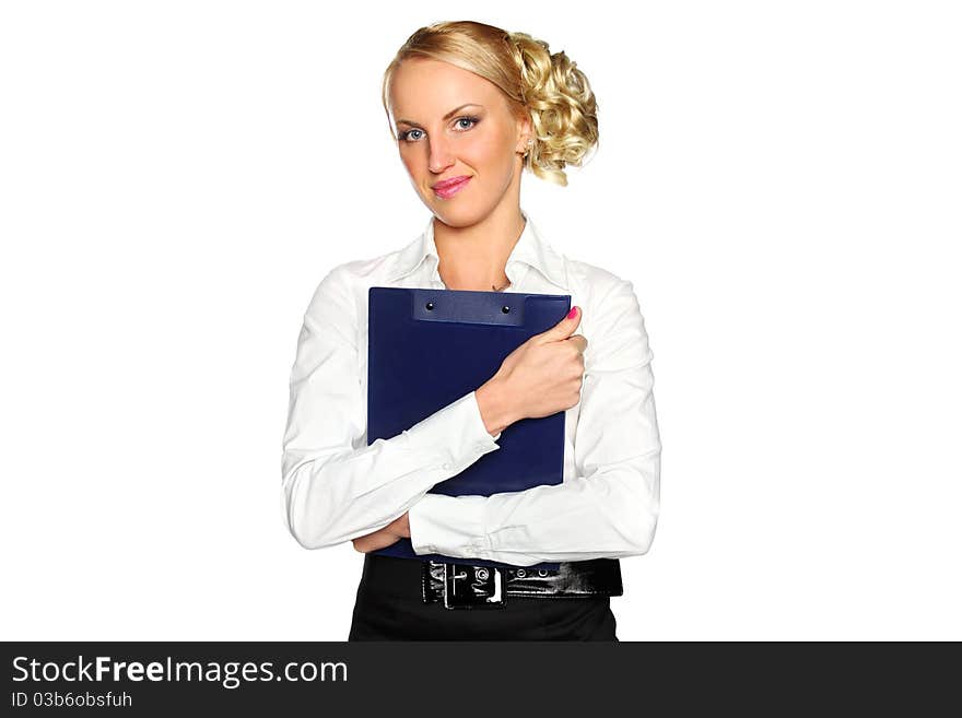 Ive young businesswoman smiling with a folder on his chest isolated on a white background. Ive young businesswoman smiling with a folder on his chest isolated on a white background