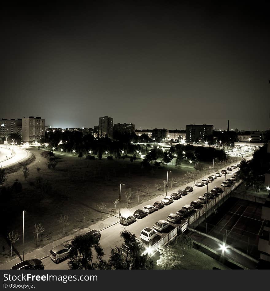 Cityscape at night from above