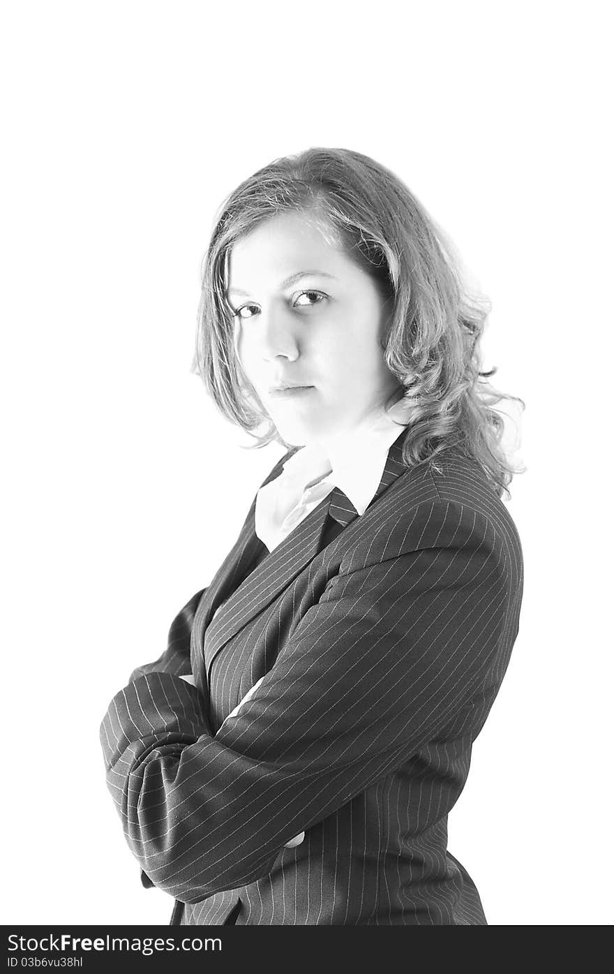 Young woman in suit on white background