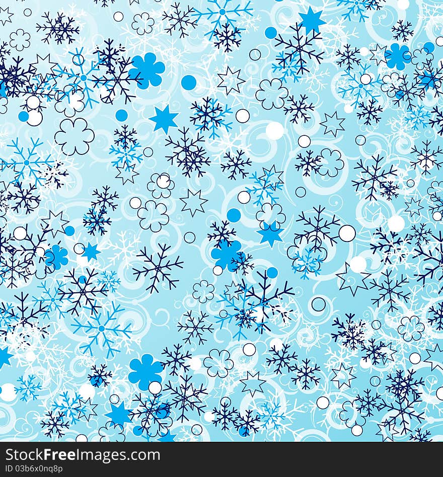 Blue snowflakes background with curly elements