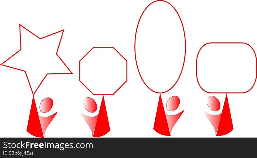 Set of abstract red cartoon with geometry figures blank sign in hand isolated on white. Set of abstract red cartoon with geometry figures blank sign in hand isolated on white