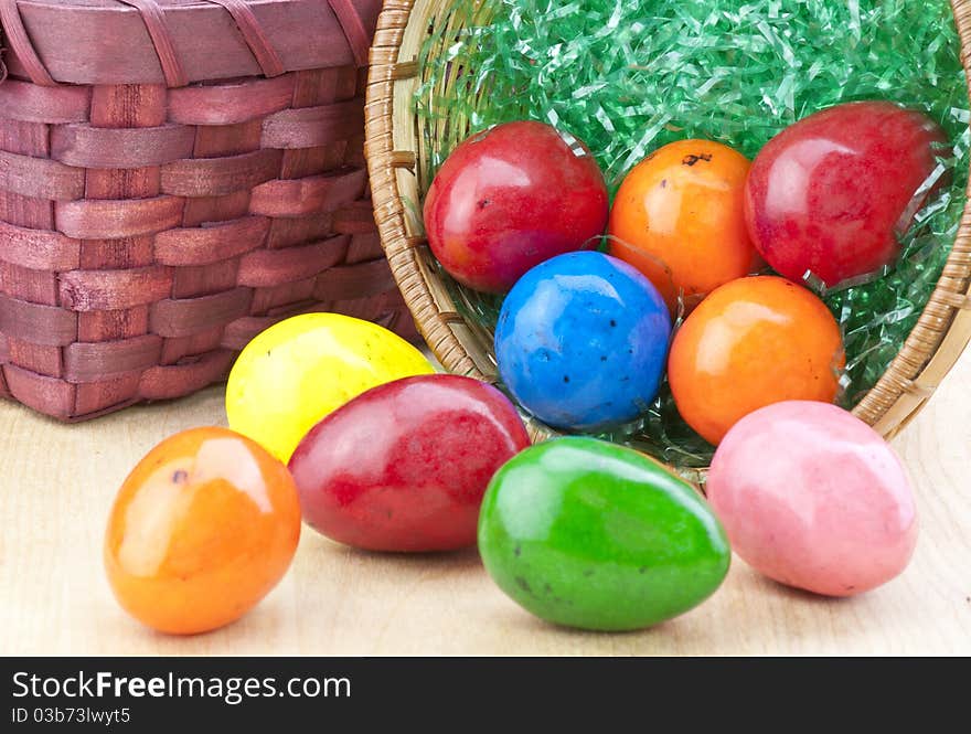 Colorful Easter eggs and baskets