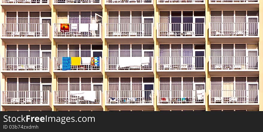 Balconies of scyscrapers at beautiful Sunny Islands, Miami in morning sun