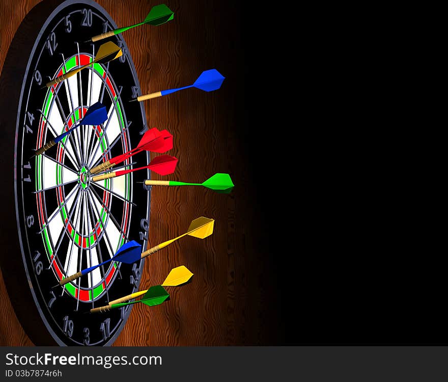 Computer-generated 3D illustration depicting darts and a dart board. Computer-generated 3D illustration depicting darts and a dart board