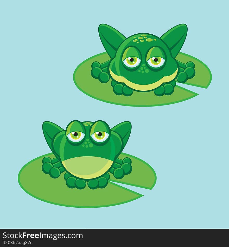 Two green frogs on a leaf on a blue background. Two green frogs on a leaf on a blue background