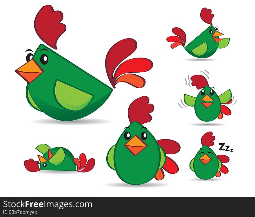 Set of green chicken in diferent poses anactions