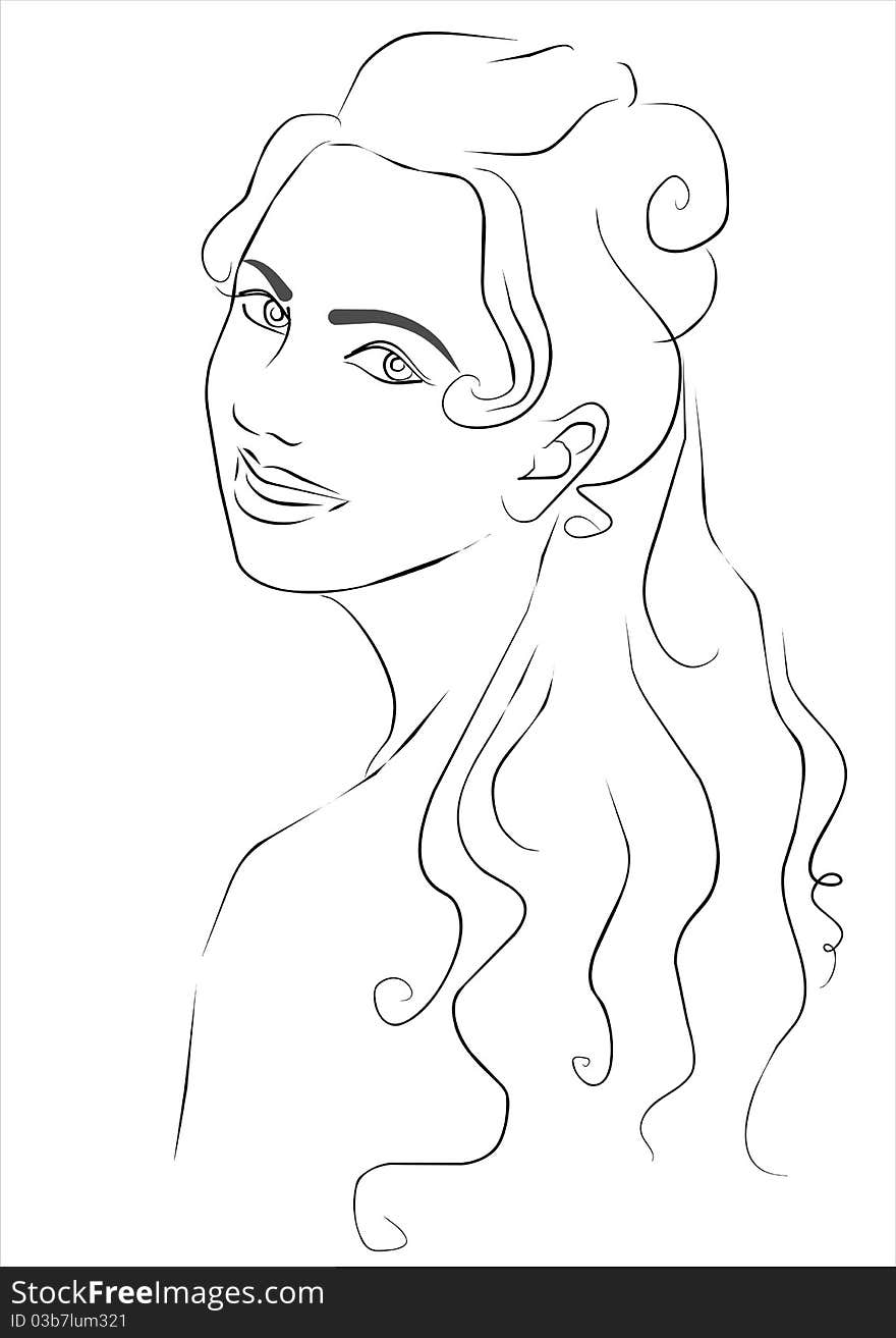 Contour drawing of the young girl with long hair. Vector. Contour drawing of the young girl with long hair. Vector