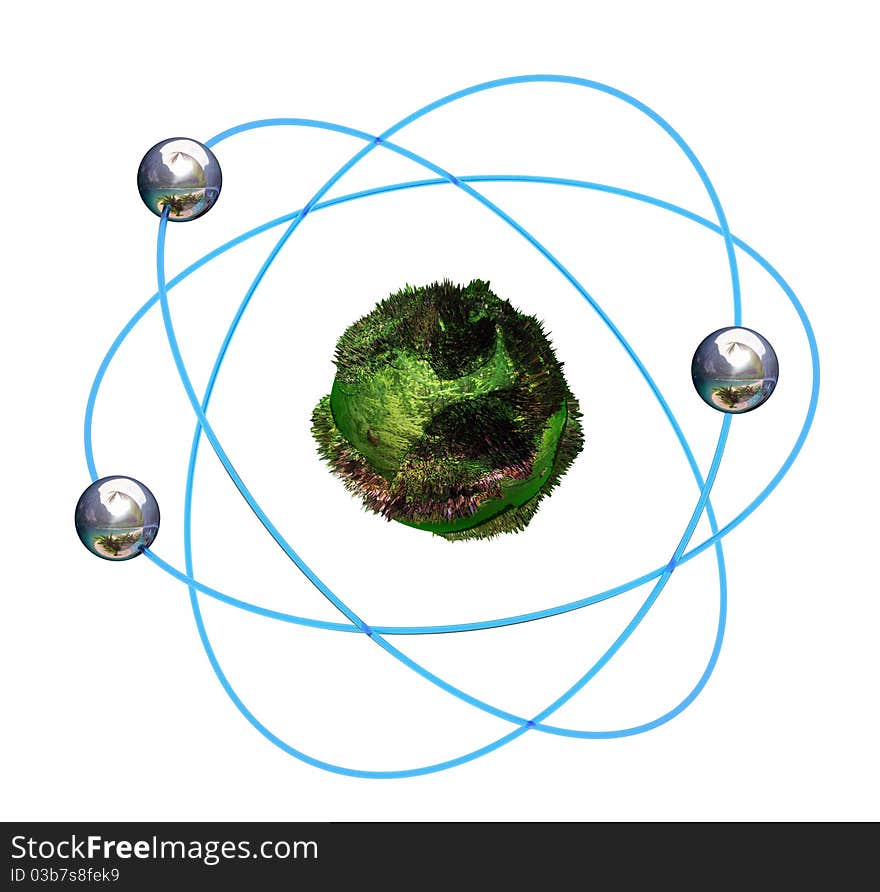 3D green atomic structure with blue orbitals