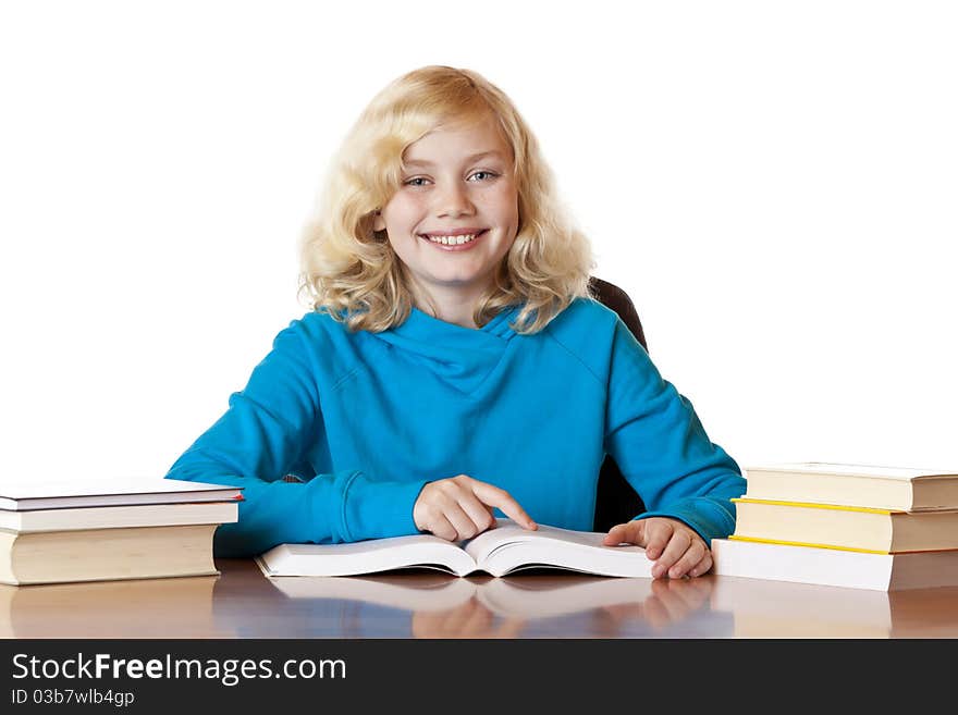 Happy smiling school girl reading books