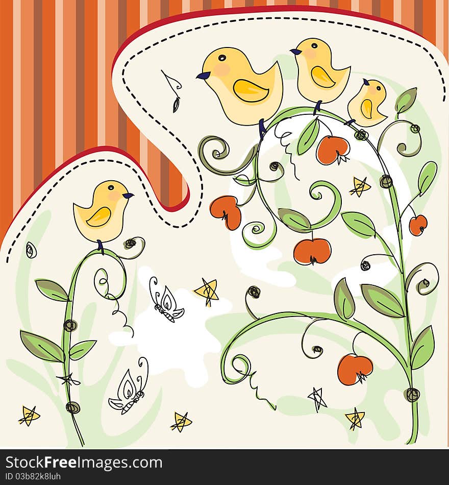 Cute illustrated background with plants and birds. Cute illustrated background with plants and birds