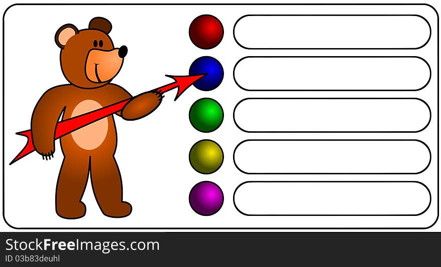 Cartoon happy brown bear shows with red arrow goal. Cartoon happy brown bear shows with red arrow goal