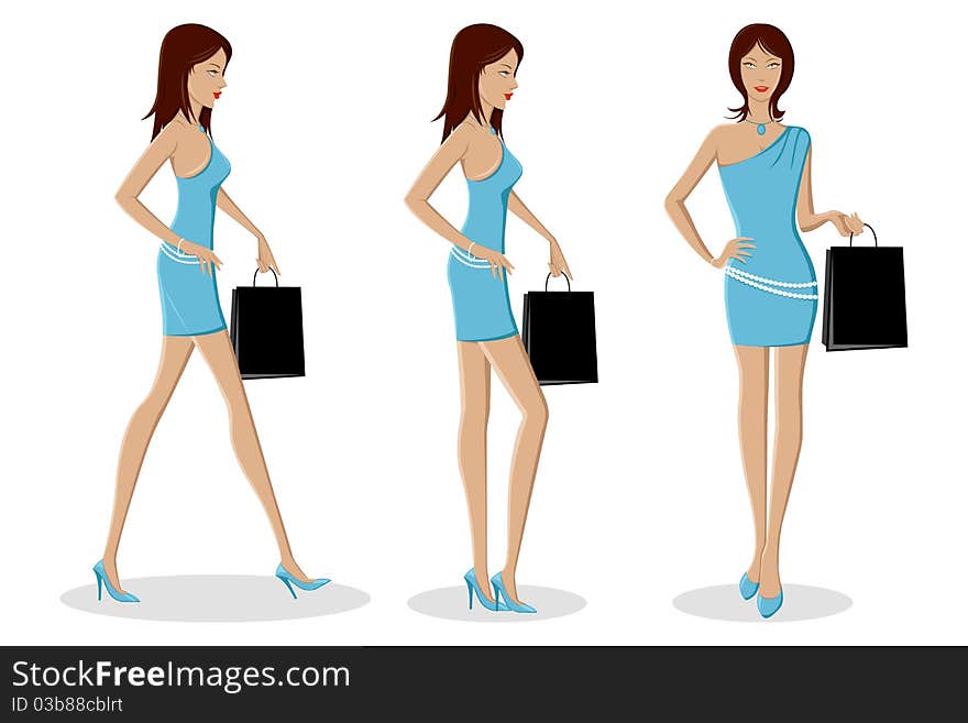 Illustration of set of different poses of urban lady on isolated background