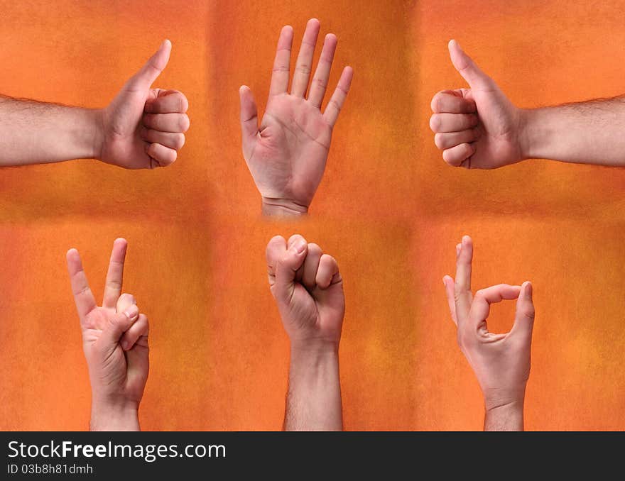 Collage of hands over orange background