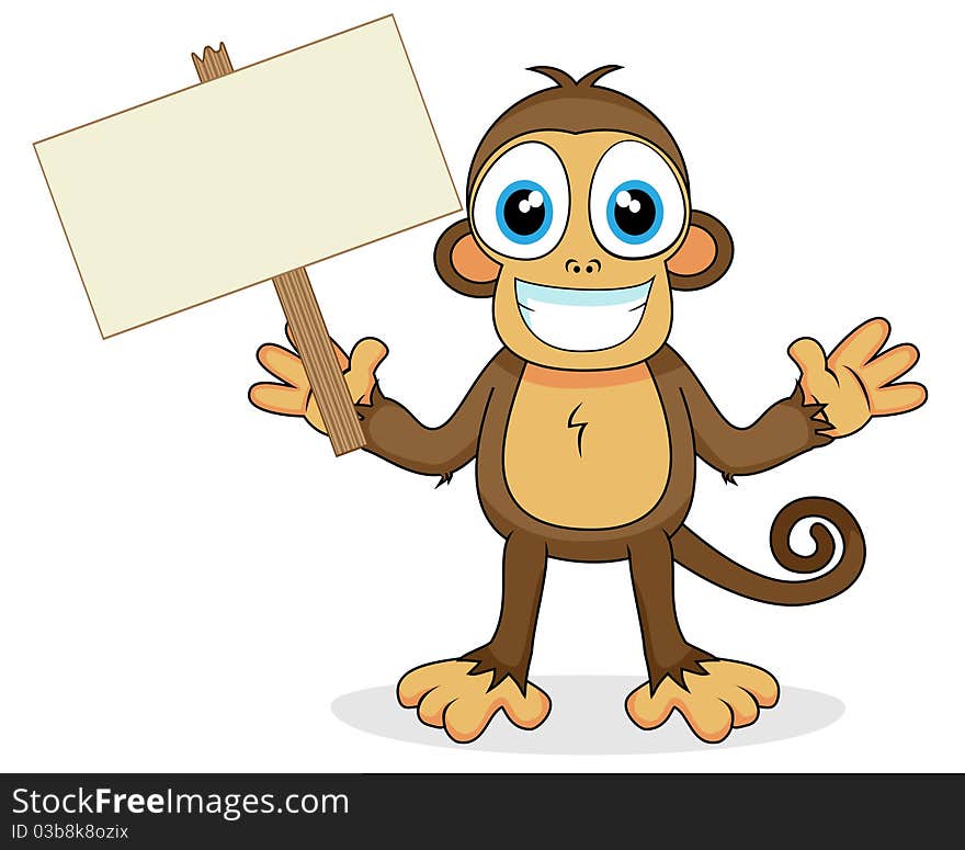 Vector illustration of a cute monkey with wood sign. No gradient