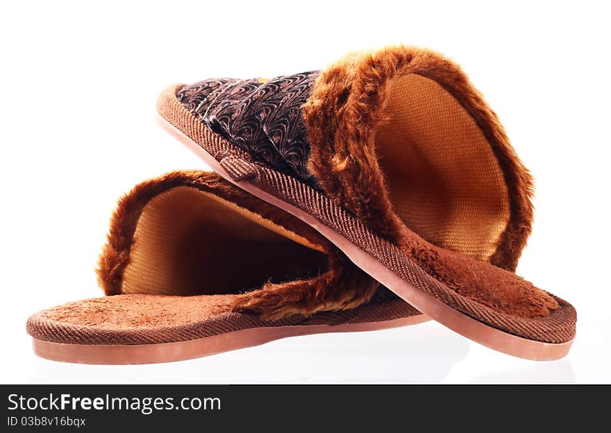 Pair Brown Slippers. Isolated