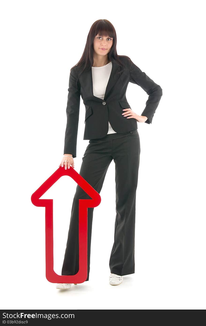 Businesswoman with red upward arrow, on white background. Businesswoman with red upward arrow, on white background.