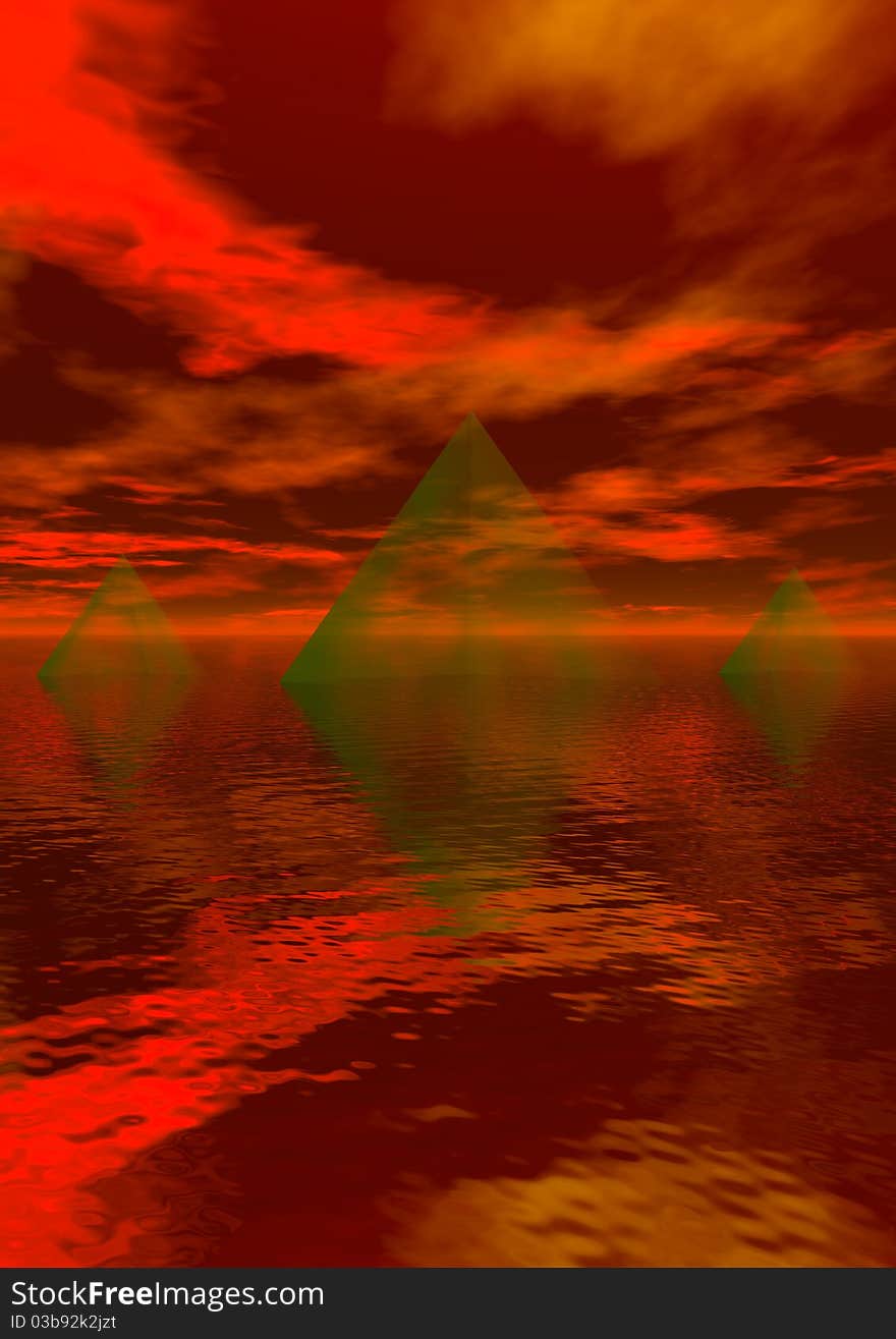 Landscape and pyramids orange and red. Landscape and pyramids orange and red