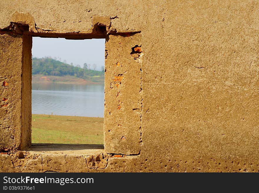 View out ancient wall at wat jedi krang nam,sangkhlaburi. thailand. View out ancient wall at wat jedi krang nam,sangkhlaburi. thailand