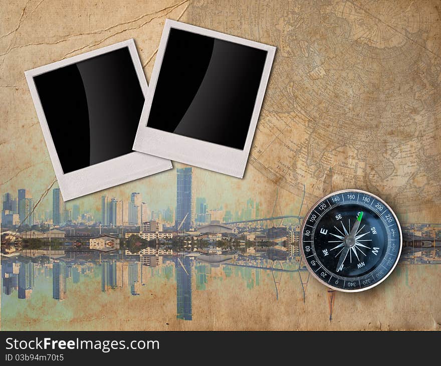 City Travel concept background with Double frame and the compass. City Travel concept background with Double frame and the compass