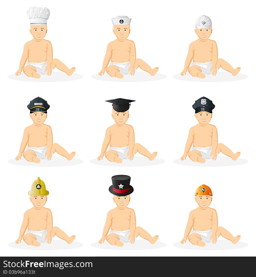 Illustration of baby boy sitting with different professional hat. Illustration of baby boy sitting with different professional hat