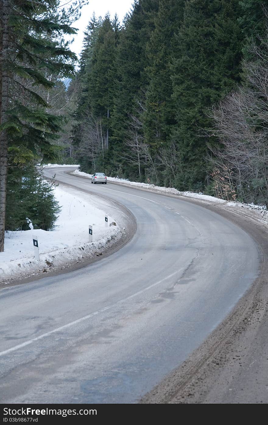 Road to mountains in the winter.