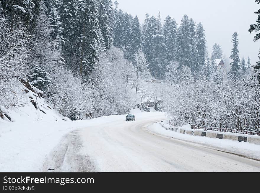 Road to mountains in the winter.