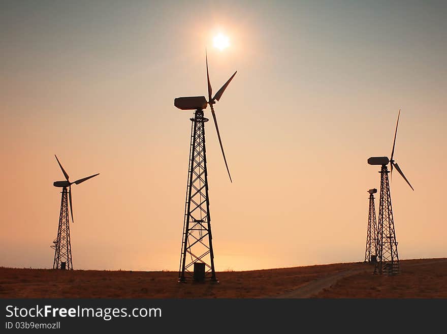 Windmills at sunset