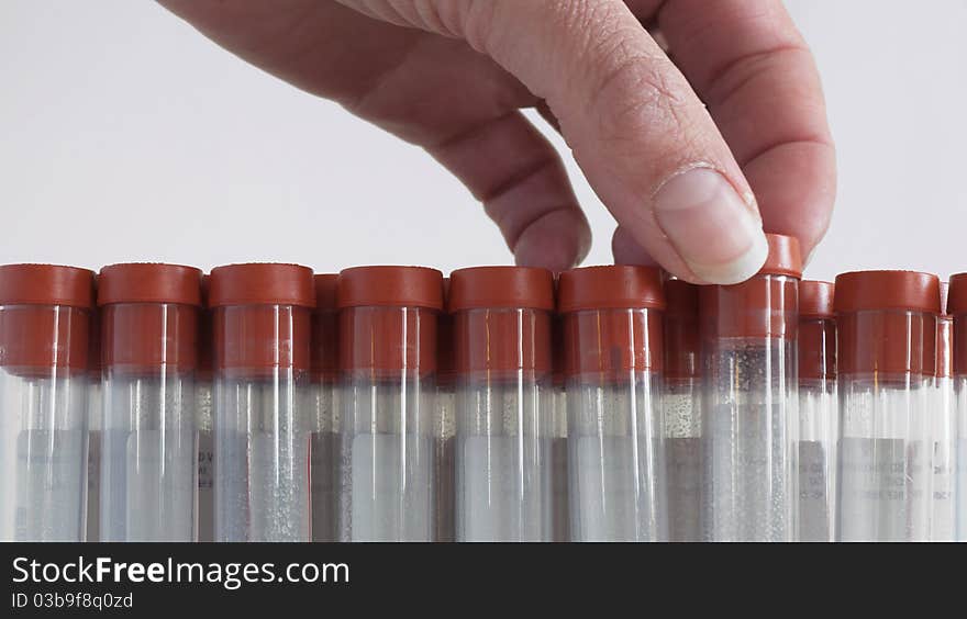 Woman takes a blood collecting tube from a row of tubes. Woman takes a blood collecting tube from a row of tubes