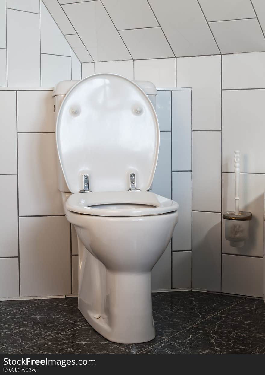 Luxurious toilet in a bathroom with white and black wall tiles. Luxurious toilet in a bathroom with white and black wall tiles