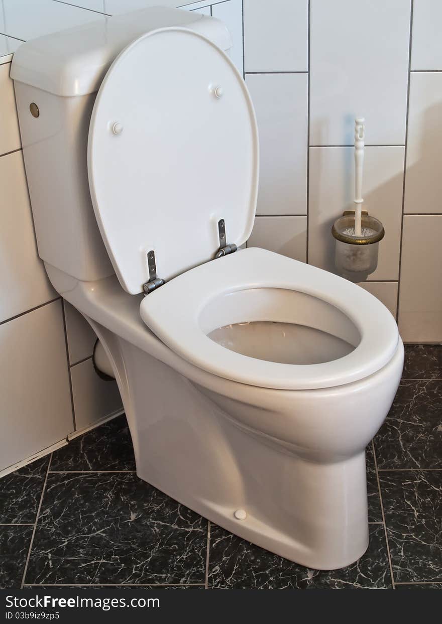 Luxurious toilet in a bathroom with white and black wall tiles. Luxurious toilet in a bathroom with white and black wall tiles