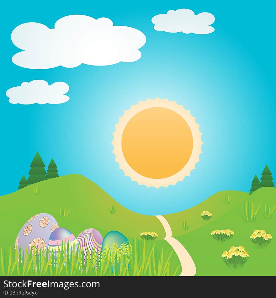 Easter landscape scene featuring patterned easter eggs, on rolling hills, with daffodils, trees, grass, shining sun and clouds set on deep blue sky. Easter landscape scene featuring patterned easter eggs, on rolling hills, with daffodils, trees, grass, shining sun and clouds set on deep blue sky