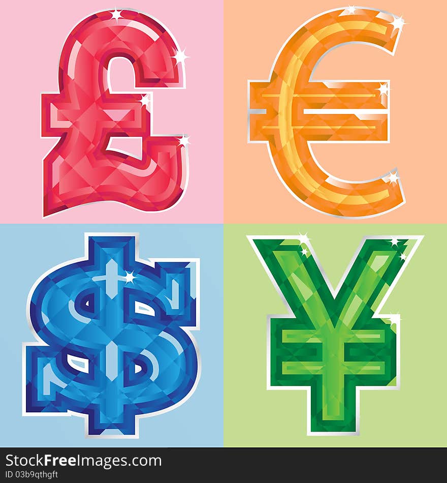 Set oif jeweled currency symbols - pound, euro, dollar, yen in red, organe, blue and green