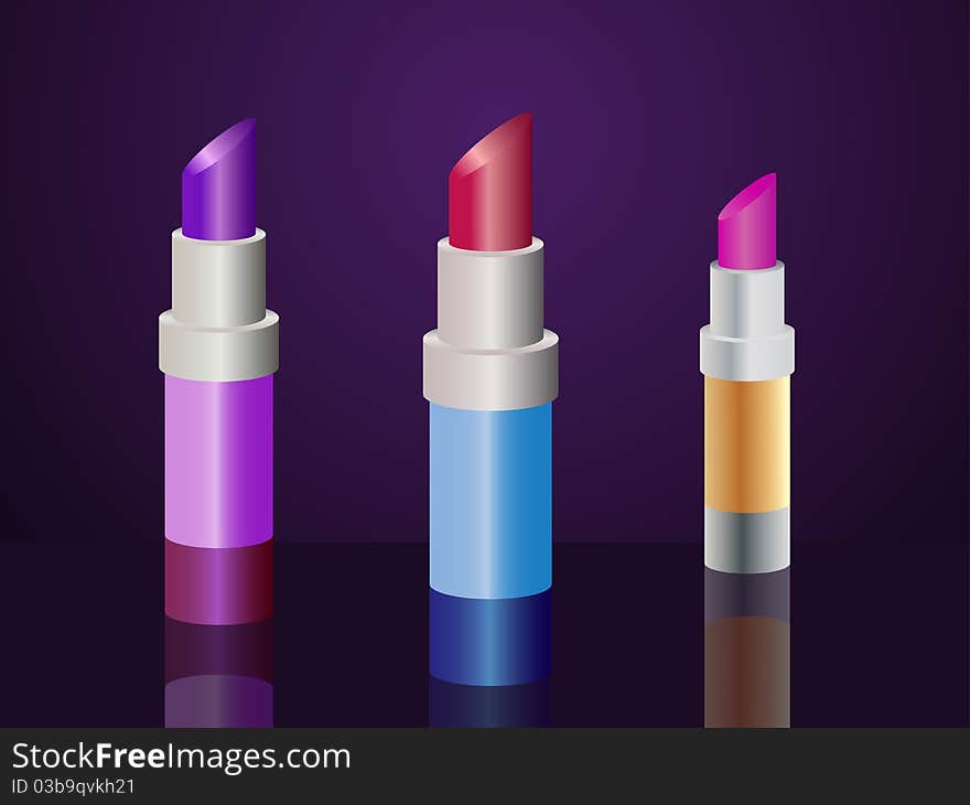 Set of 3 lipsticks - ruby red, purple and pink - on deep blue background