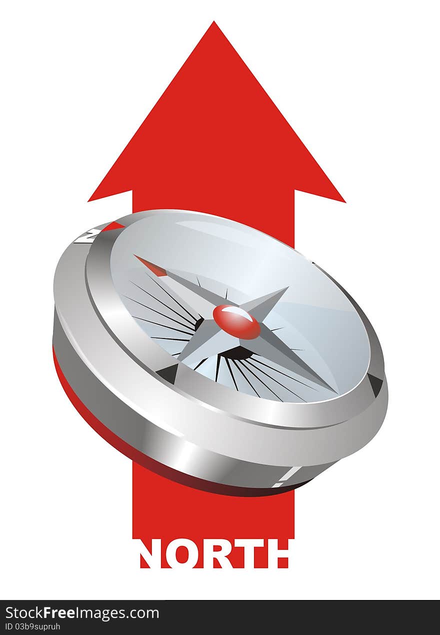 Image 3d illustration of a compass on the red arrow points north. Image 3d illustration of a compass on the red arrow points north