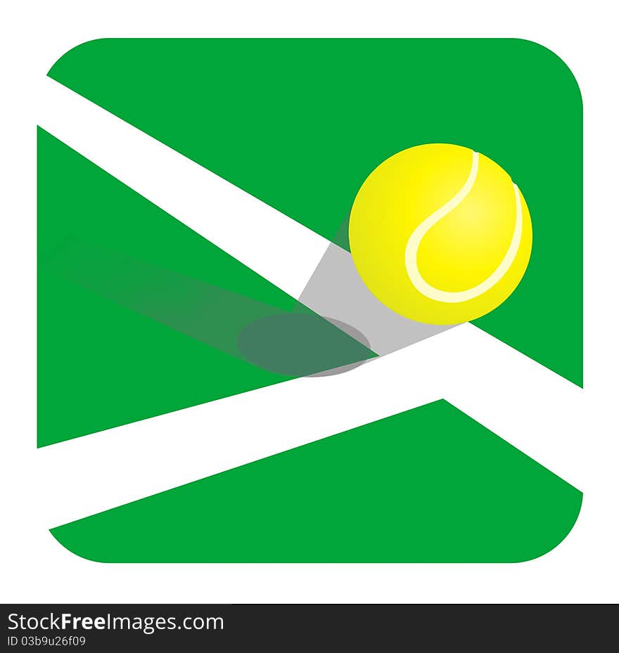 Illustration of a tennis ball drop inside the white line on the green court. Illustration of a tennis ball drop inside the white line on the green court