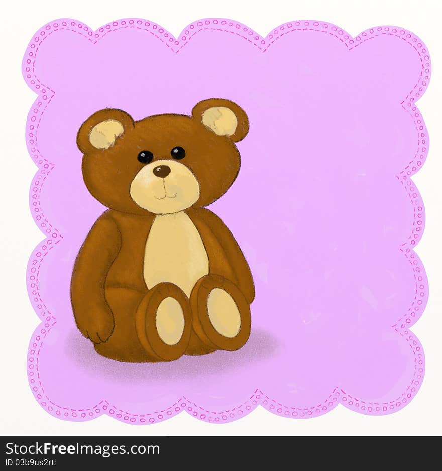 Childish style illustration of a teddy bear sitting on a pink background. Childish style illustration of a teddy bear sitting on a pink background