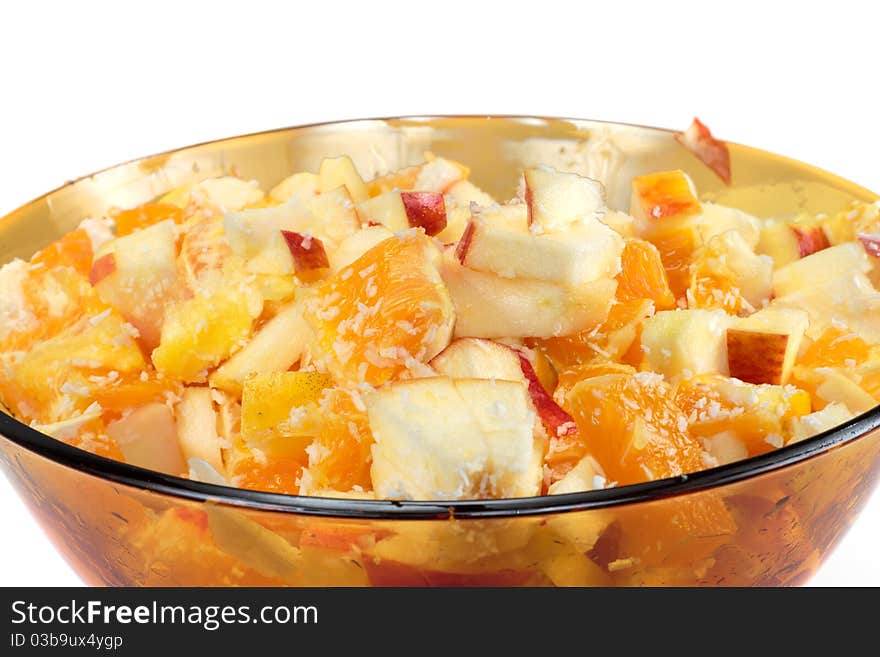 Shot of fruit salad isolated on white background