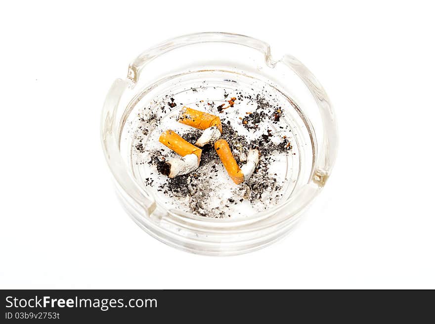 Ashtray with cigarette butts isolated on white background