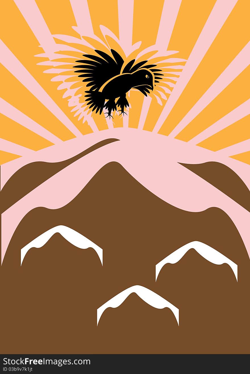 The eagle flies over mountains in sun beams