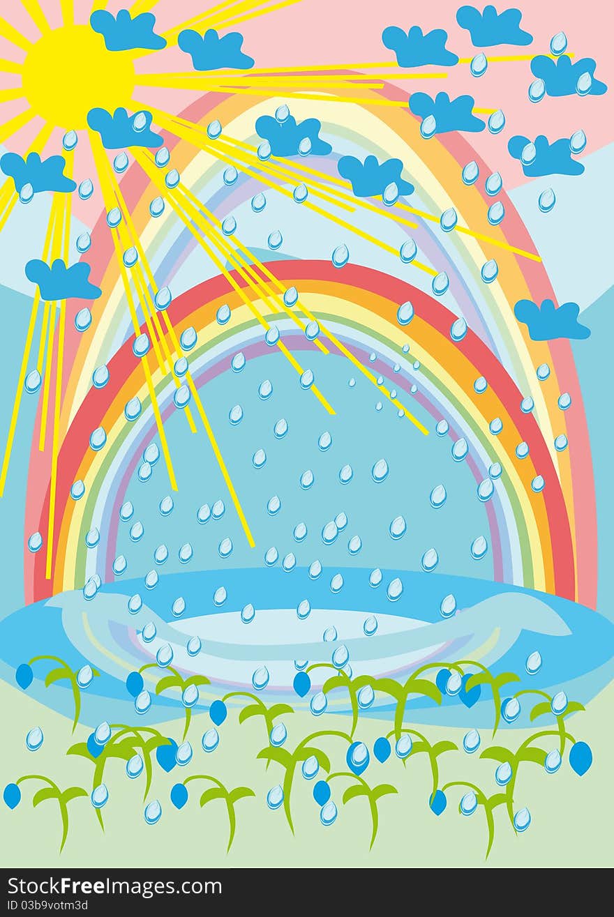 Rain, The Sun, Rainbow And Flowers