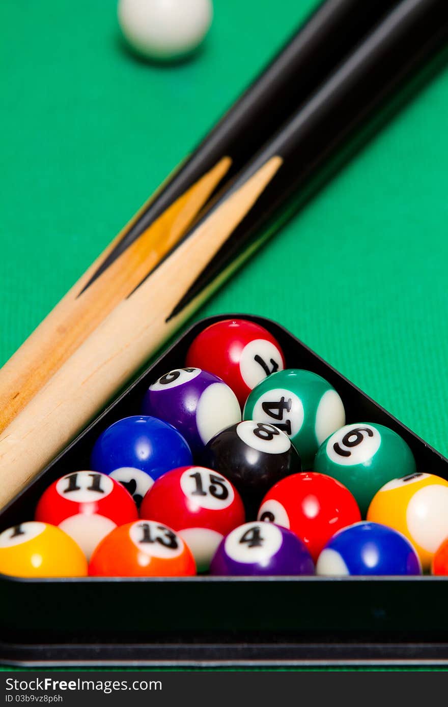 Green billiard (poool) table with triangle and balls