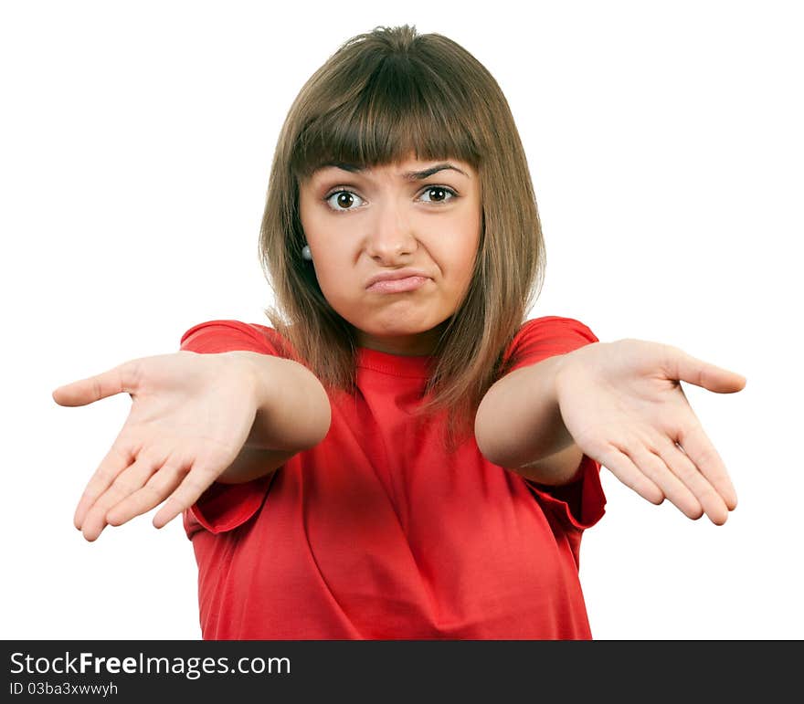 Portrait of the brunette in a red sweater isolated on a white background